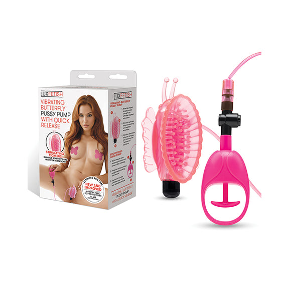 Lux Fetish Vibrating Butterfly Pussy Pump shown next to its packaging | Kinkly Shop