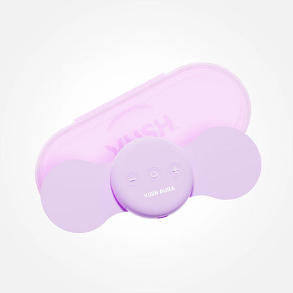 The VUSH Aura Wireless TENS Device shown in front of its portable, form-fitted storage case. The case is barely larger than the Aura itself, making for very space-saving portability. | Kinkly Shop