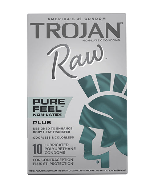Packaging for the 10 pack of the Trojan Raw Pure Feel Non-Latex Condoms | Kinkly Shop