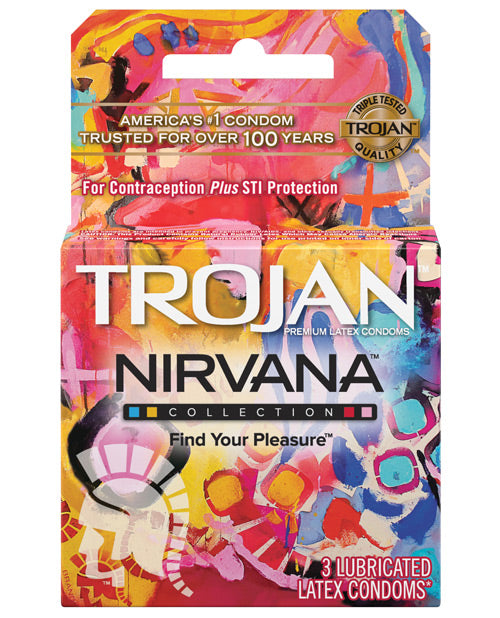 3 pack of the Trojan Nirvana condom packaging | Kinkly