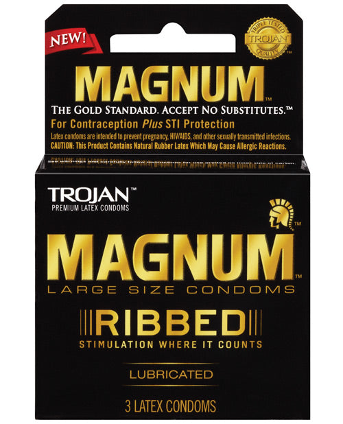Packaging for the 3 pack of the Trojan Magnum Ribbed | Kinkly Shop