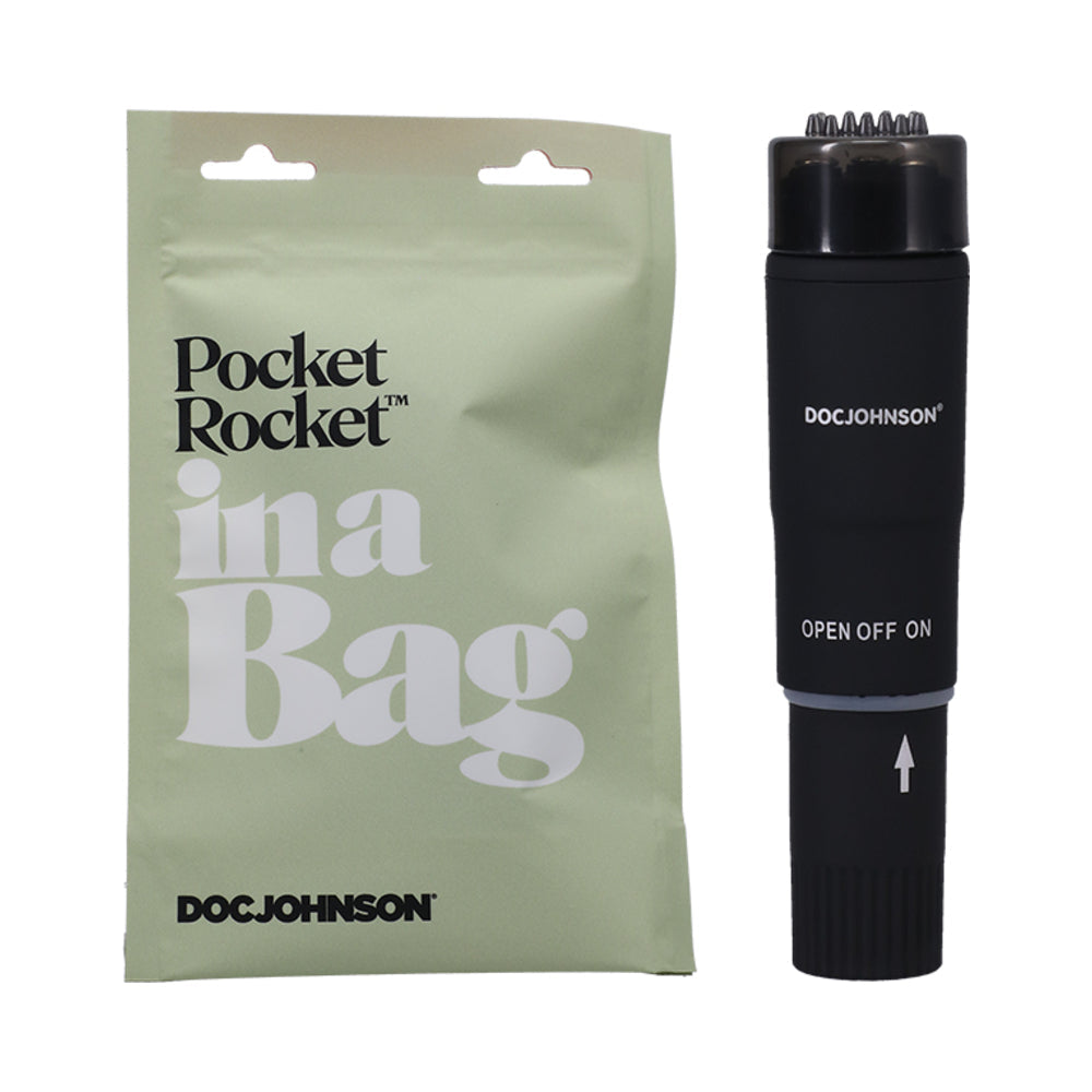 The Doc Johnson Pocket Rocket In A Bag shown next to the bag that it comes in. | Kinkly Shop