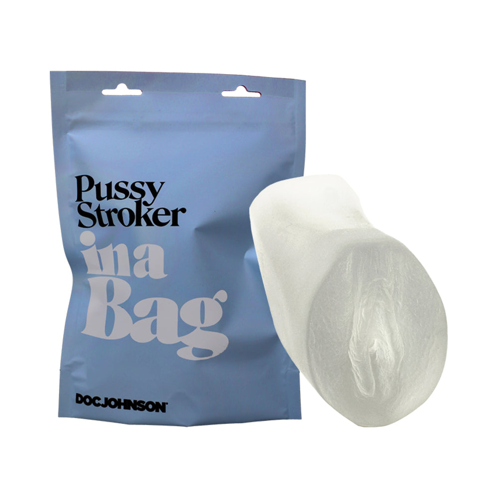 The Doc Johnson Pussy Stroker In A Bag shown next to the bag it comes in. | Kinkly Shop