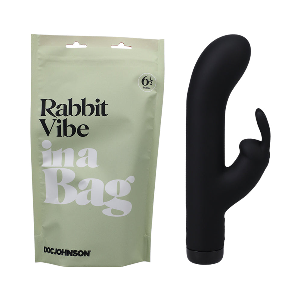 The Doc Johnson Rabbit Vibe In A Bag shown next to the rabbit vibrator and the bag it comes in. | Kinkly Shop
