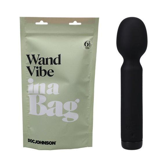 The Doc Johnson Wand Vibe In A Bag next to the bag that it comes in. | Kinkly Shop