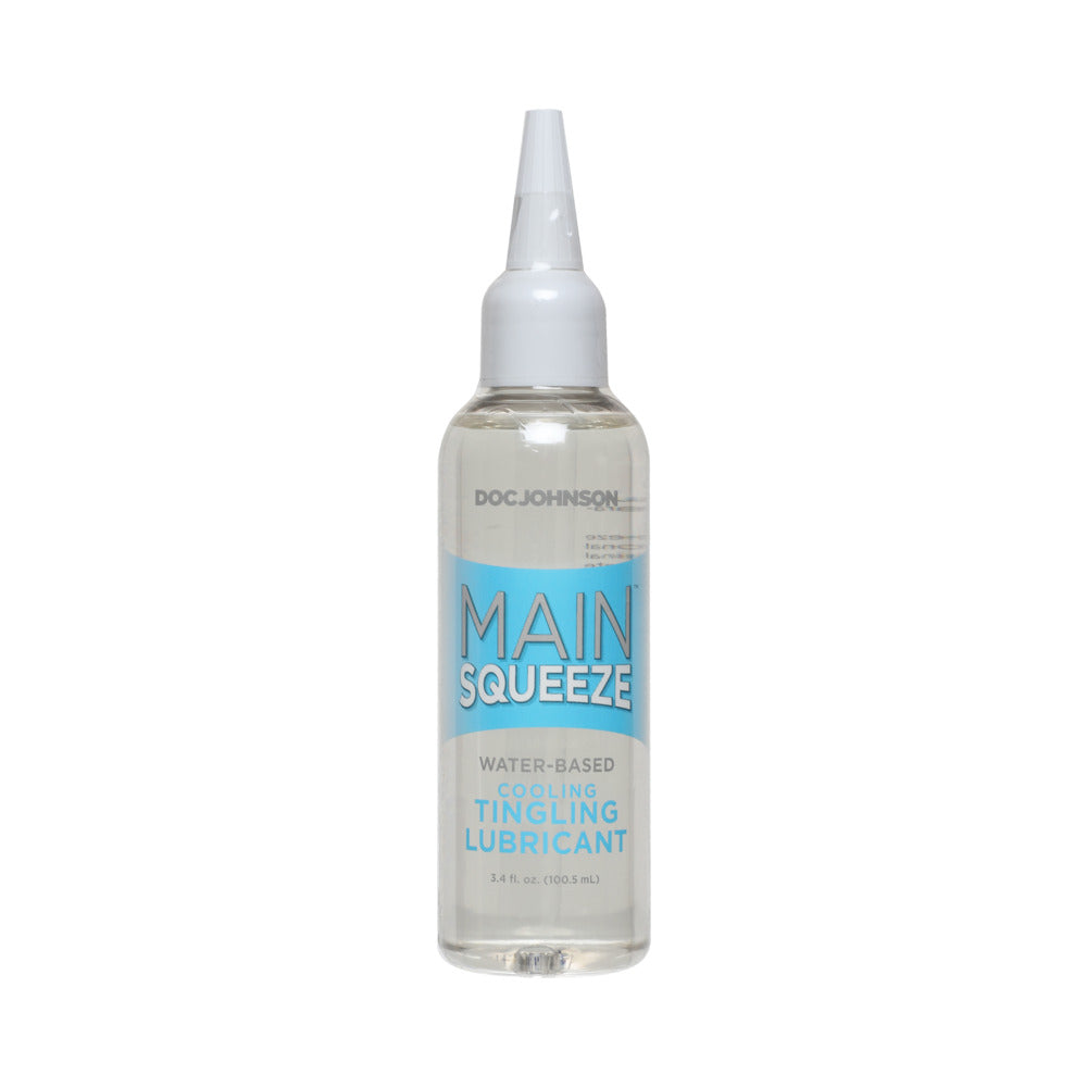The Main Squeeze Tingling Lubricant bottle. It has an interesting pour-spout that looks like a precision-tip caulking tip more than a usual lube bottle tip. | Kinkly Shop