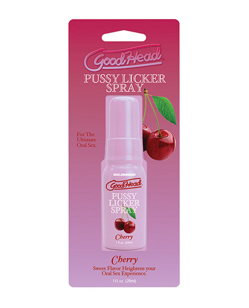 The packaging for the GoodHead Pussy Licker Spray in Cherry | Kinkly