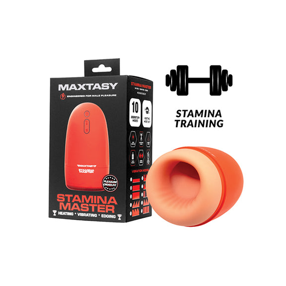 The Maxtasy Stamina Master shown next to its packaging. A small icon next to it says "Stamina training" | Kinkly Shop