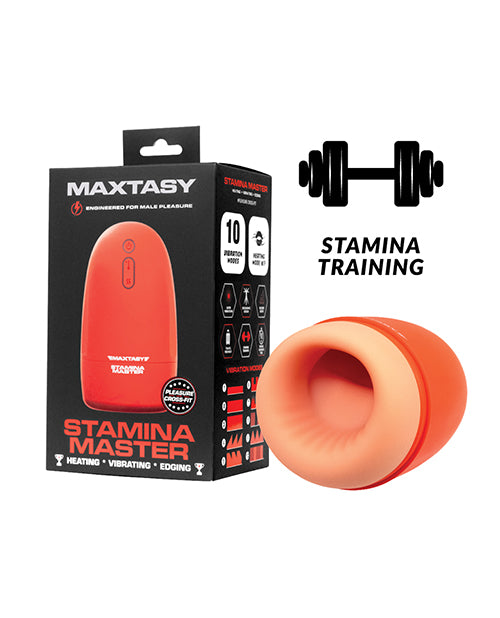 The Maxtasy Stamina Master shown next to its packaging. A small icon next to it says "Stamina training" | Kinkly Shop