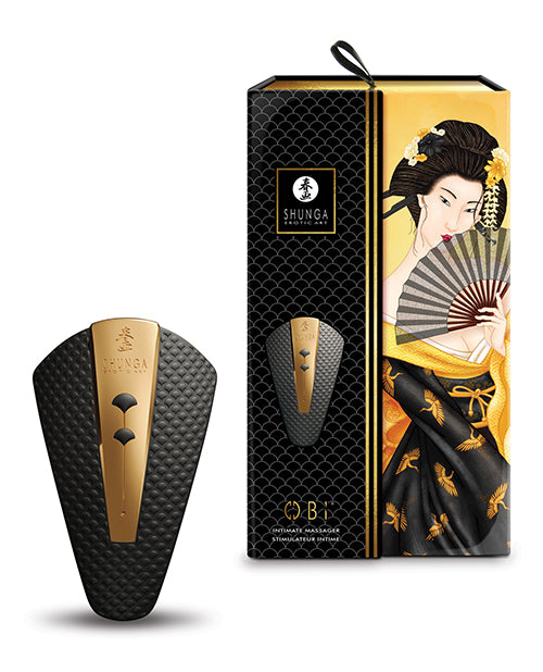 The Shunga Obi in Black shown next to the packaging it comes in | Kinkly Shop