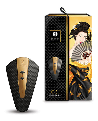 The Shunga Obi in Black shown next to the packaging it comes in | Kinkly Shop