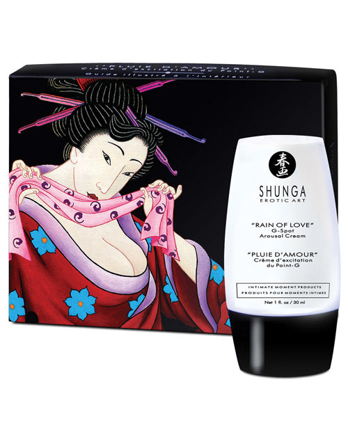 The Shunga Rain of Love G-Spot Cream bottle shown in front of the packaging | Kinkly Shop