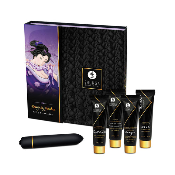 All of the items within the Shunga Naughty Geisha Collection shown in front of the packaging box it comes in | Kinkly Shop