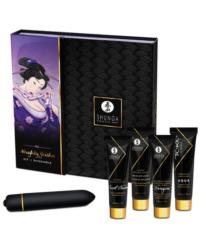 All of the items within the Shunga Naughty Geisha Collection shown in front of the packaging box it comes in | Kinkly Shop