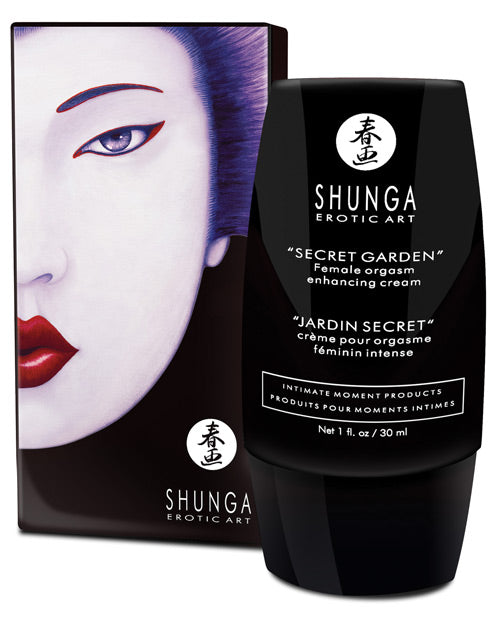 The Shunga Secret Garden bottle shown in front of the packaging it comes in | Kinkly Shop