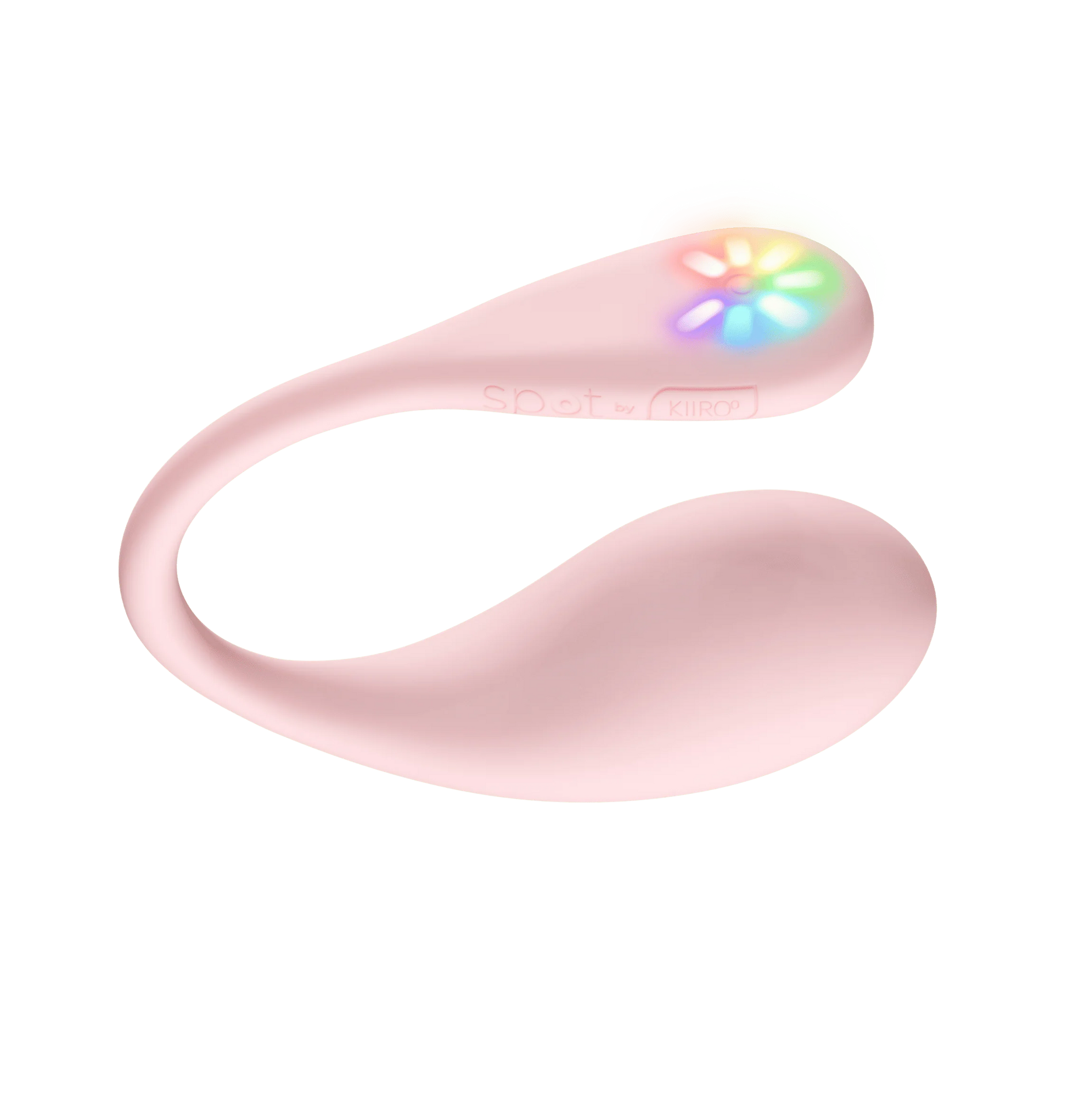 KIIROO Spot in front of a plain white background. The vibrator has an egg-shaped design with a long, thin tail. On the end of the tail is a sunflower-esque design of multiple LED color lights. | Kinkly Shop