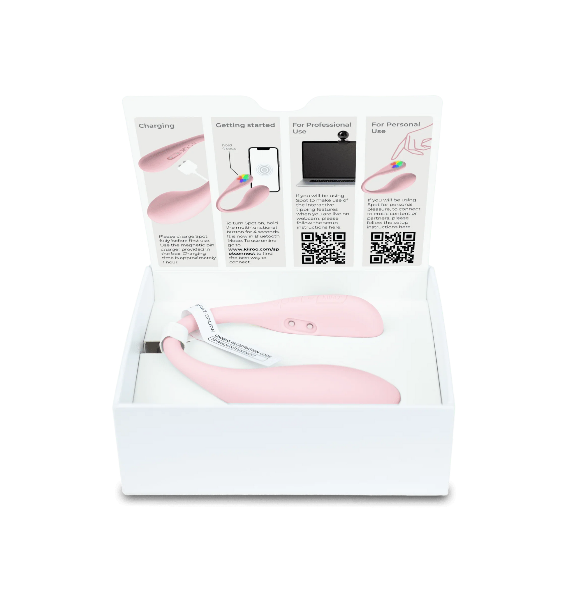 The KIIROO Spot resting inside of its packaging. It has a small, cut-out tray inside of the box. | Kinkly Shop