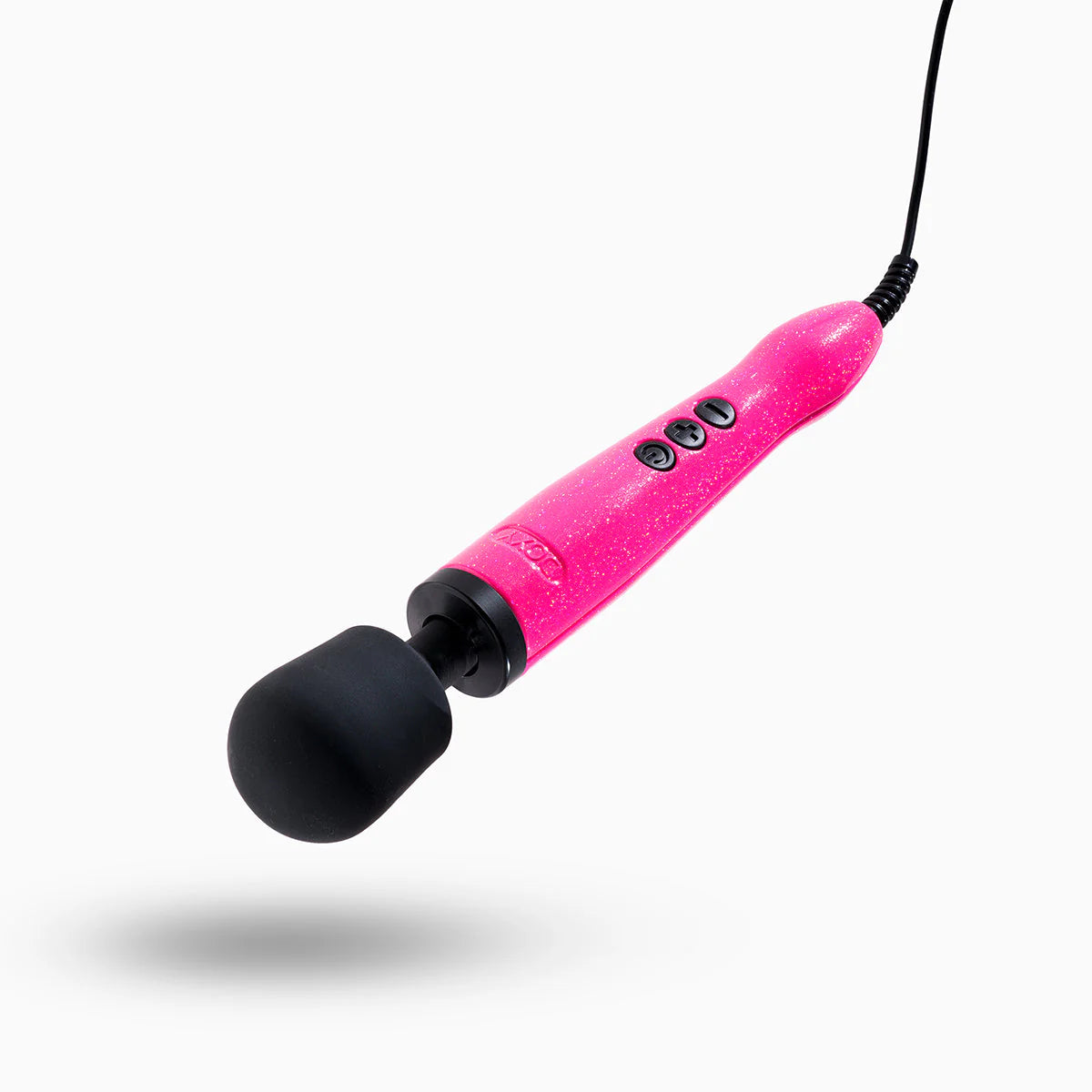 The Doxy Die Cast shown at an angle, showcasing the 3-button control structure on the handle of the vibrator. | Kinkly Shop