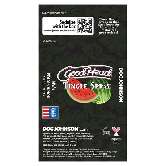 The label for the GoodHead Tingle Spray laid out flat, making it easier to read all of the information on the label. | Kinkly Shop