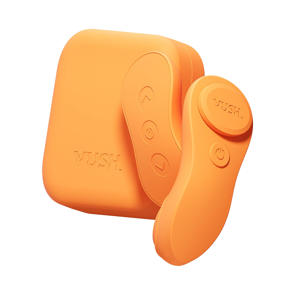 The VUSH Luna and its remote shown in front of the color-matching storage and charging case that it comes with. | Kinkly