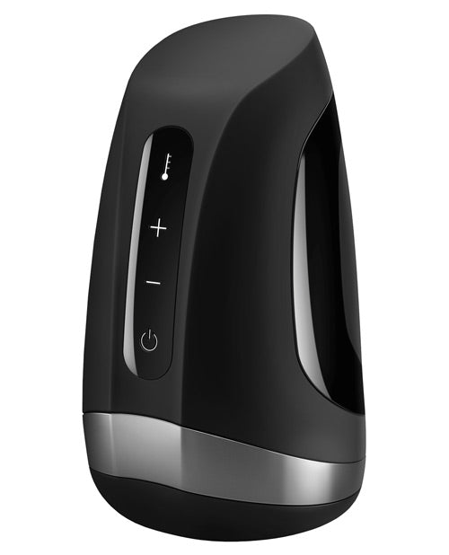 The Satisfyer Men Heat Vibration in front of a plain white background. The toy has 4 buttons on a sleek panel along the front of the toy. | Kinkly Shop