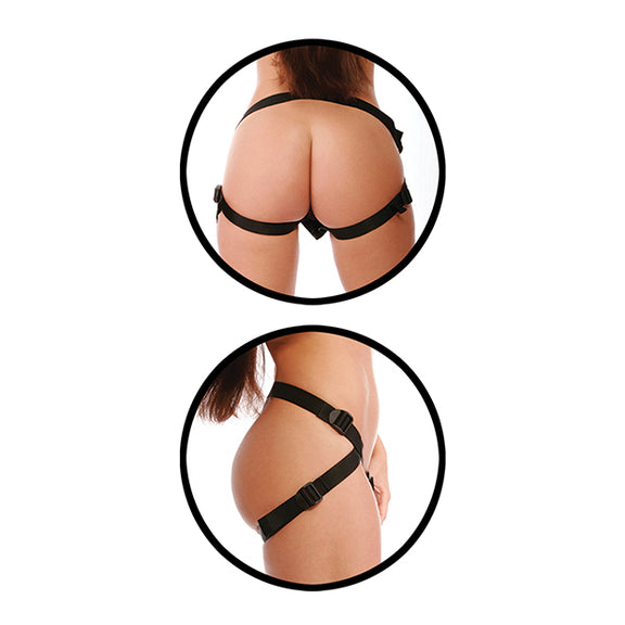 Collage of two images showcases how the harness of the First Timer's Strap-on Set fits on a person's body. There's a few from the side and butt in a two-strap jock-style harness. | Kinkly Shop