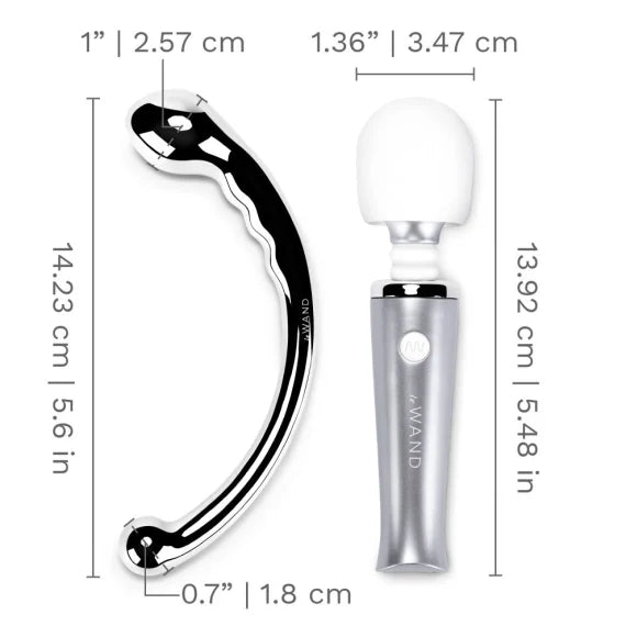 Measurements for the Hoop dildo and Mini Wand are superimposed over images of both toys. The wand is 5.5" in length with a head diameter of 1.36". The dildo is 5.6" in length with a diameter of 0.7" on one side and 1" on the other. | Kinkly Shop