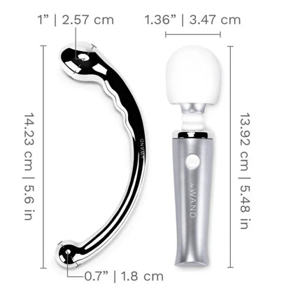 Measurements for the Hoop dildo and Mini Wand are superimposed over images of both toys. The wand is 5.5" in length with a head diameter of 1.36". The dildo is 5.6" in length with a diameter of 0.7" on one side and 1" on the other. | Kinkly Shop