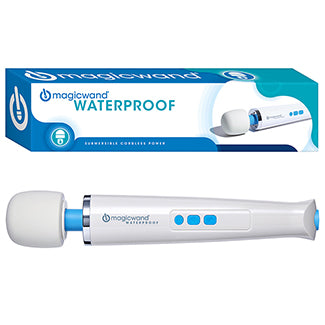 The Magic Wand Waterproof Rechargeable shown next to the "Waterproof" wand packaging | Kinkly