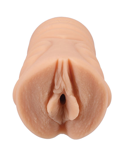 Close-up of the orifice and entrance of the Signature Strokers - Leana Lovings stroker. The stroker is molded directly from the porn star's vulva. | Kinkly Shop