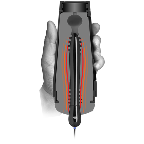 The Main Squeeze - Warming Accessory shown inside of a cross-section of a Main Squeeze stroker. It shows that the warming accessory is long enough to warm up the majority of the Main Squeeze's internal length. | Kinkly Shop