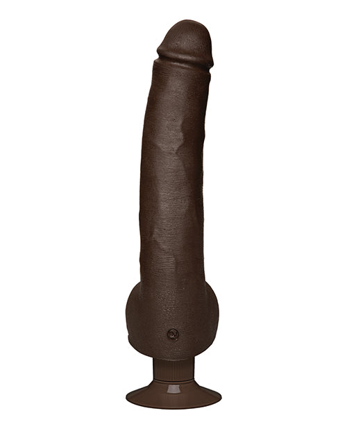 Top-down view of the Signature Cocks - Safaree Ultraskyn Vibrating dildo shows the realistic texturing and length of the dildo. It has a slight curve to the right when viewed from the top-down. | Kinkly Shop