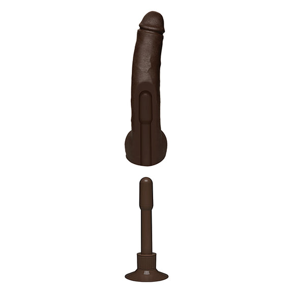 A cross-section image of the base of the Signature Cocks - Safaree Ultraskyn Vibrating dildo showcases the hole in the base that allows it to work with Vac-U-Lock accessories. | Kinkly Shop