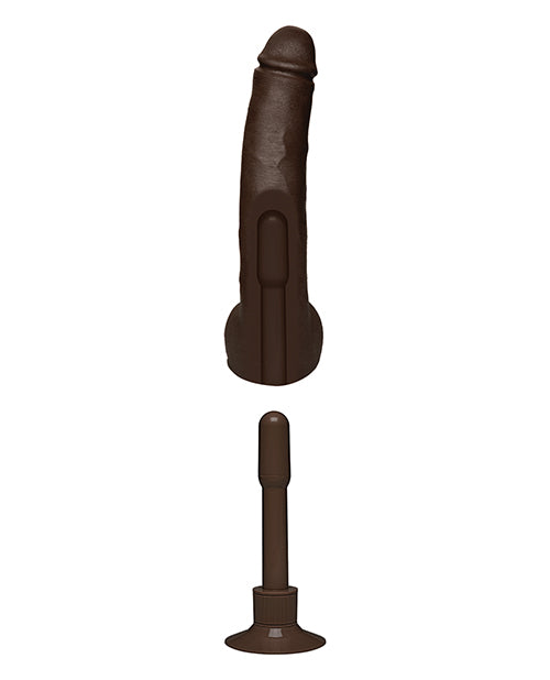 A cross-section image of the base of the Signature Cocks - Safaree Ultraskyn Vibrating dildo showcases the hole in the base that allows it to work with Vac-U-Lock accessories. | Kinkly Shop