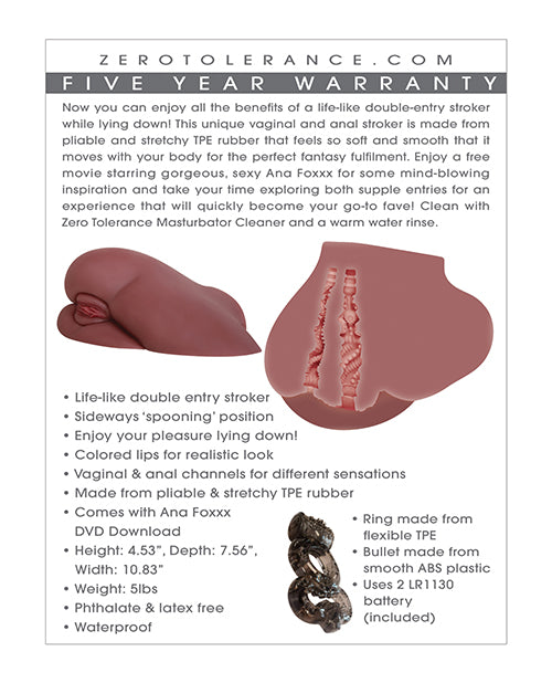 Backside of the packaging of the Ana Foxxx Realistic Side Stroker. It lists all of the features of the stroker. | Kinkly Shop