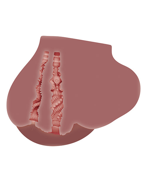 Cross-section of the Ana Foxxx Realistic Side Stroker. This showcases how the two channels have completely different textures and how they're close-ended. They are completely separate from one another. | Kinkly Shop