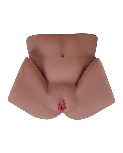 Top-down view of the Zero Tolerance Channel Heart Realistic Body Stroker. The sex toy has a pronounced vulva, labia, and slight abdomen with thighs that hint to slightly pulled-back legs. | Kinkly Shop
