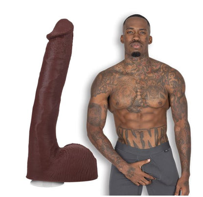 Pressure the porn star is shirtless and staring at the camera. He's wearing boxer briefs. The Signature Cocks - Pressure dildo is shown right next to Pressure. | Kinkly Shop