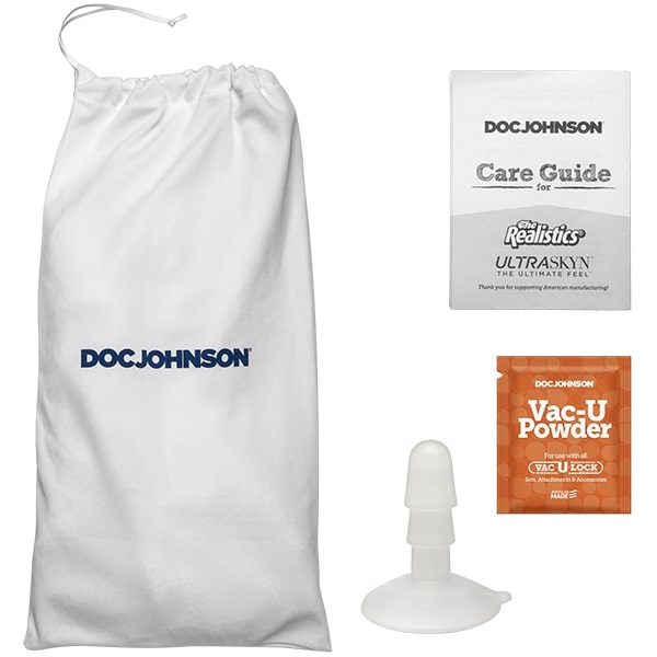 Everything that's included with the Signature Cocks - Lucas Frost dildo. There's the drawstring bag, the care guide, a sample of the renewal powder, and the Vac-U-Lock attachment suction cup base. | Kinkly Shop
