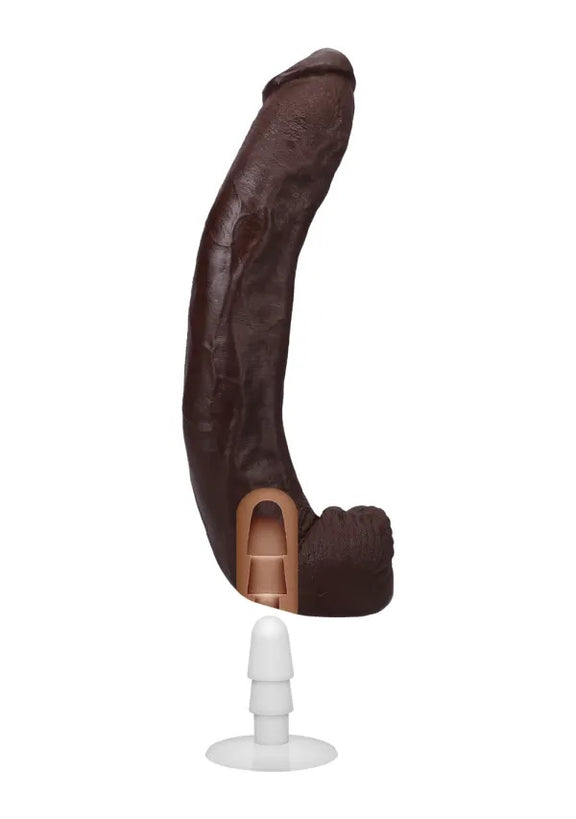 A cross-section image of the base of the Signature Cocks - Dredd dildo showcases the empty Vac-U-Lock chasm at the base of the dildo that allows it to function with Vac-U-Lock accessories. | Kinkly Shop