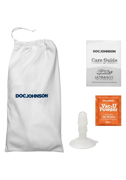 Everything included with the dildo. Image showcases the drawstring storage bag, care guide, renewing powder sample, and Vac-U-Lock suction cup attachment base. | Kinkly Shop