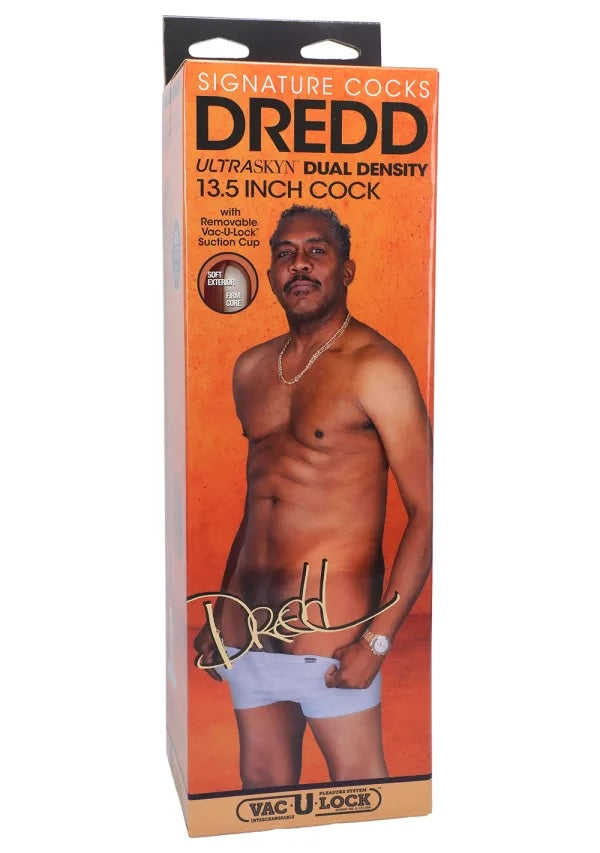 The packaging for the Signature Cocks - Dredd dildo | Kinkly Shop
