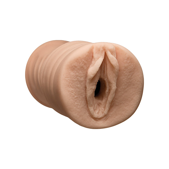 The Signature Strokers Faye Reagan stroker in front of a plain white background. The stroker's entrance is modeled directly from the porn star's vulva. | Kinkly Shop