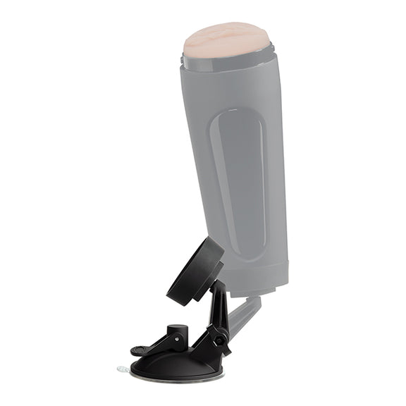 The Main Squeeze - Suction Cup Accessory shown by how it would fit onto the base of a Main Squeeze stroker. A shadow image also shows how the suction cup holder has a tilt functionality to get the exact angle you want. | Kinkly Shop