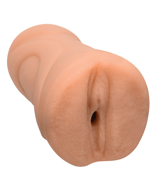 Close-up of the orifice and entrance of the Signature Strokers Sophie Dee stroker. The stroker is directly molded after the porn star's vulva. | Kinkly Shop