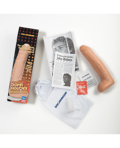 Everything included with the Signature Cocks PVC - John Holmes dildo. This includes the dildo, the drawstring bag, the care guide, Vac-U-Lock care powder, and info about John Holmes | Kinkly Shop