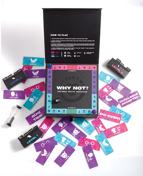 A top-down view of the Why Not? Spicy Board Game with the lid open and the pieces placed on the board. The colorful cards are scattered around the board. | Kinkly Shop