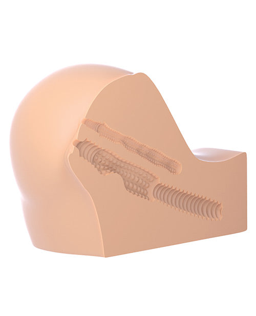 Cross-section image showcases the two internal tunnels on the Fuck Me Silly: To-Go Bubble Butt. The vaginal tunnel is much deeper than the anal tunnel. Both are close-ended with no exit holes. | Kinkly Shop