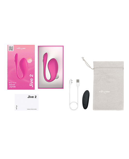 The We-Vibe Jive 2 shown with everything that comes with the vibrator. The vibrator includes the cotton drawstring bag, the physical remote control, the charging cable, the instruction manual, and the vibrator itself. | Kinkly Shop