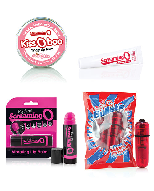 Four items that are included with the Screaming O 12 Days Of SeXXXmas. There's the Kiss O Boo, Climax Cream, Vibrating Lip Balm, and Screaming O Bullet. | Kinkly Shop